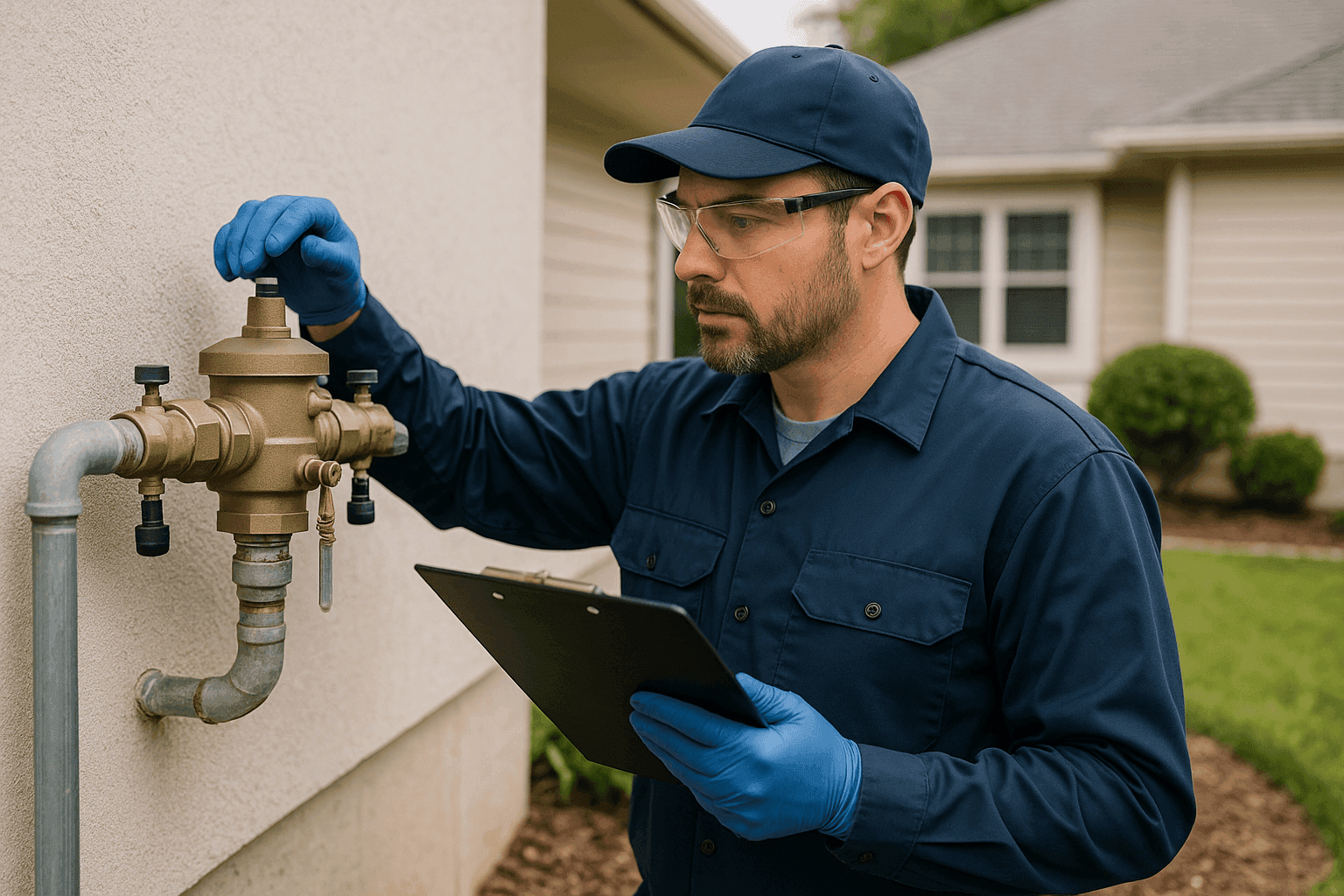 Certified plumber inspecting residential backflow prevention device