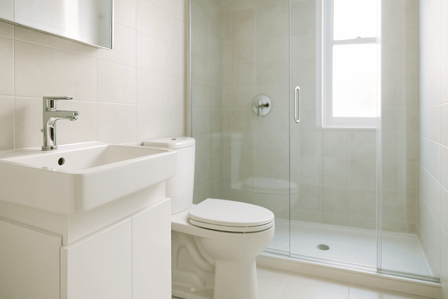 Baño moderno con lavabo, inodoro y ducha nuevos instalados