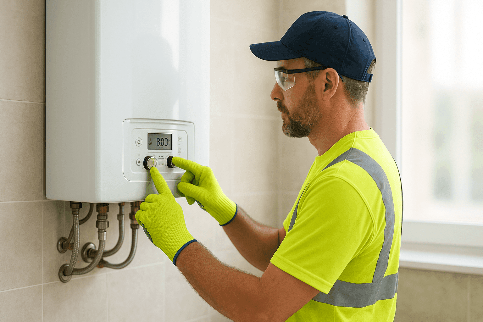 Plumber checking boiler controls for heating issue
