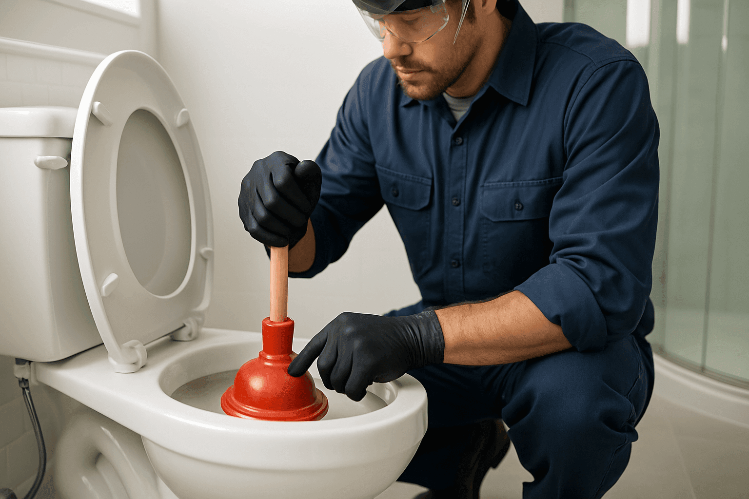 Plumber using plunger on residential toilet