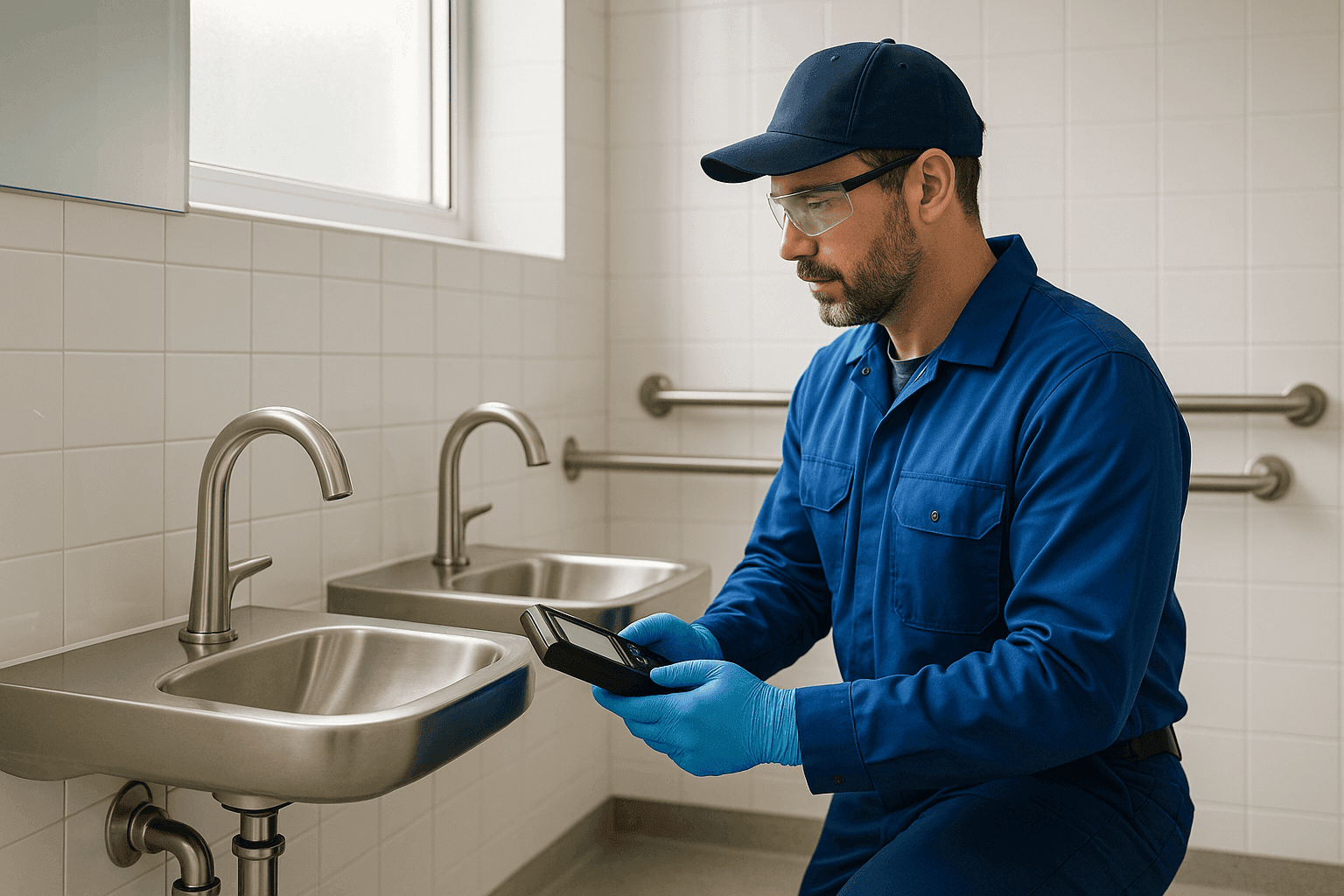 Plumber inspecting commercial restroom fixtures