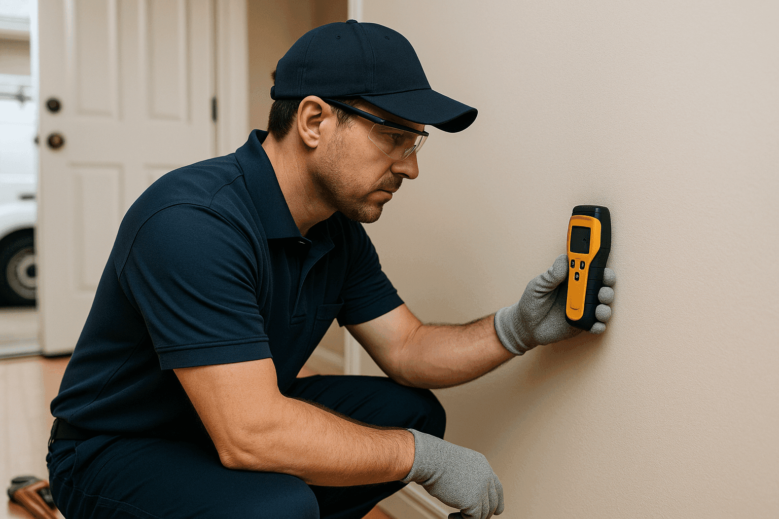 Plumber using moisture meter to detect hidden plumbing leaks behind wall