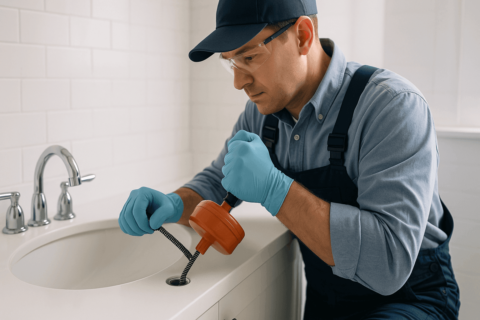 Plumber snaking a clogged bathroom drain safely