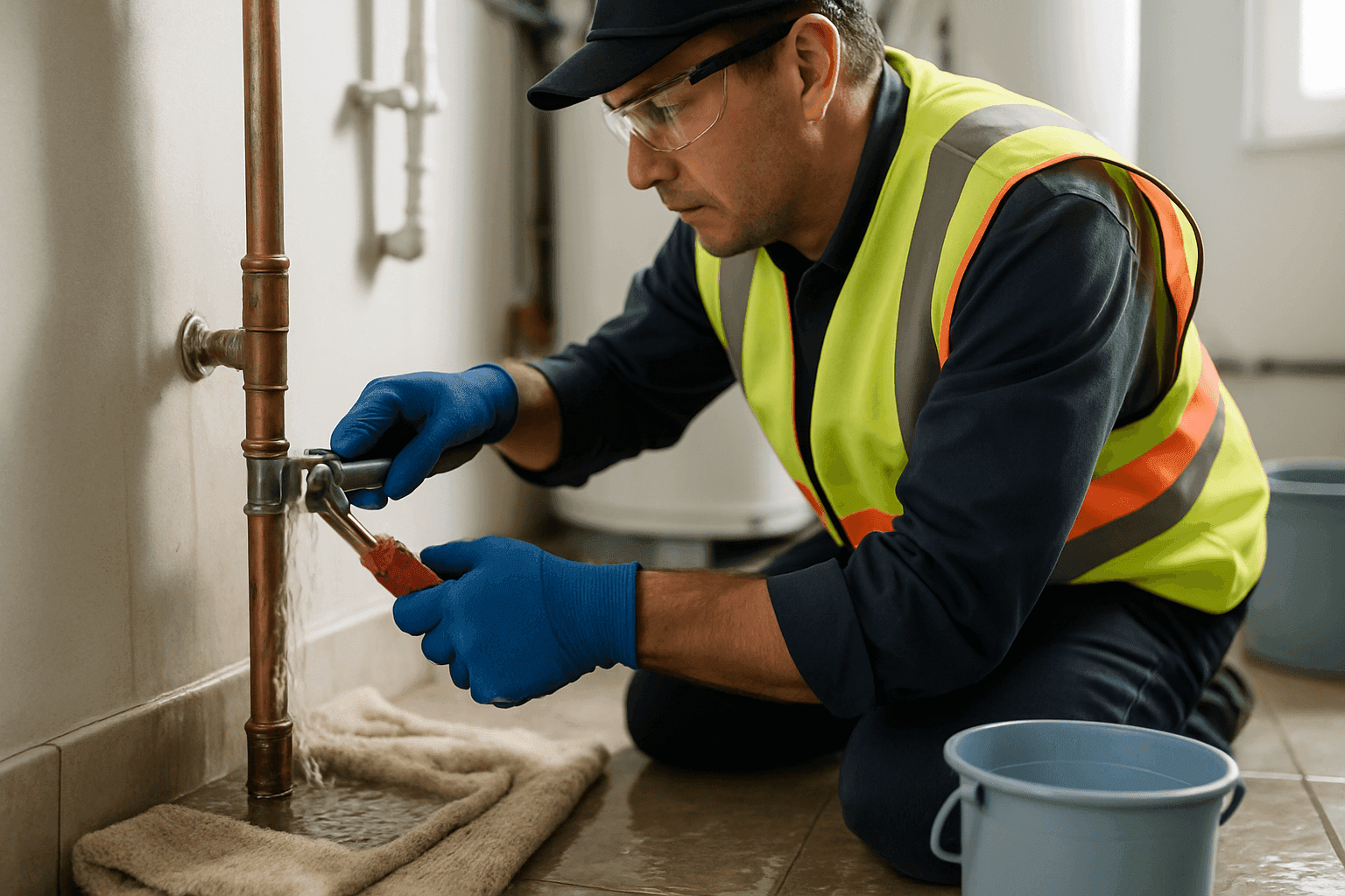 Technician fixing burst pipe in flooded home utility room