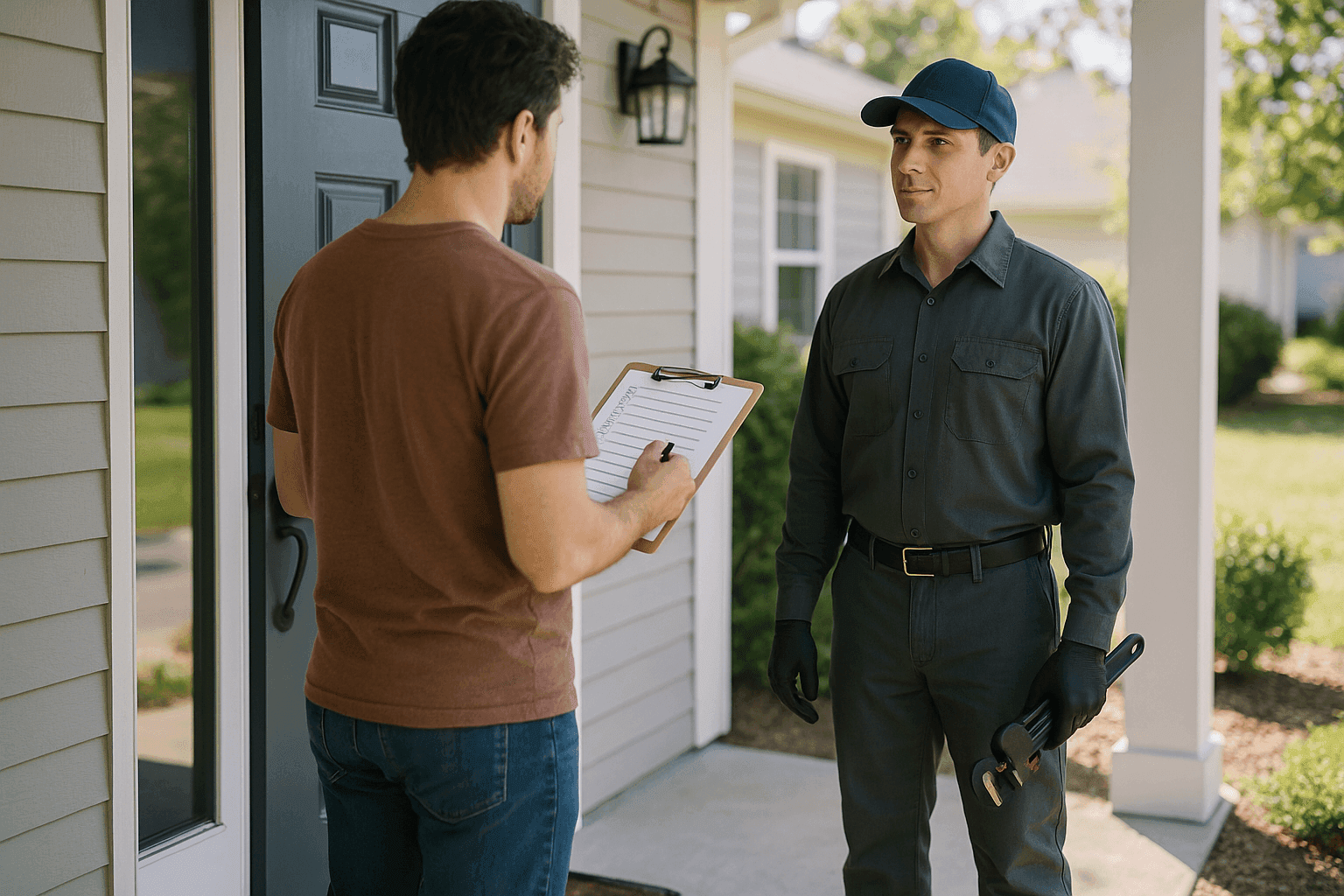 Homeowner interviewing licensed plumber with checklist