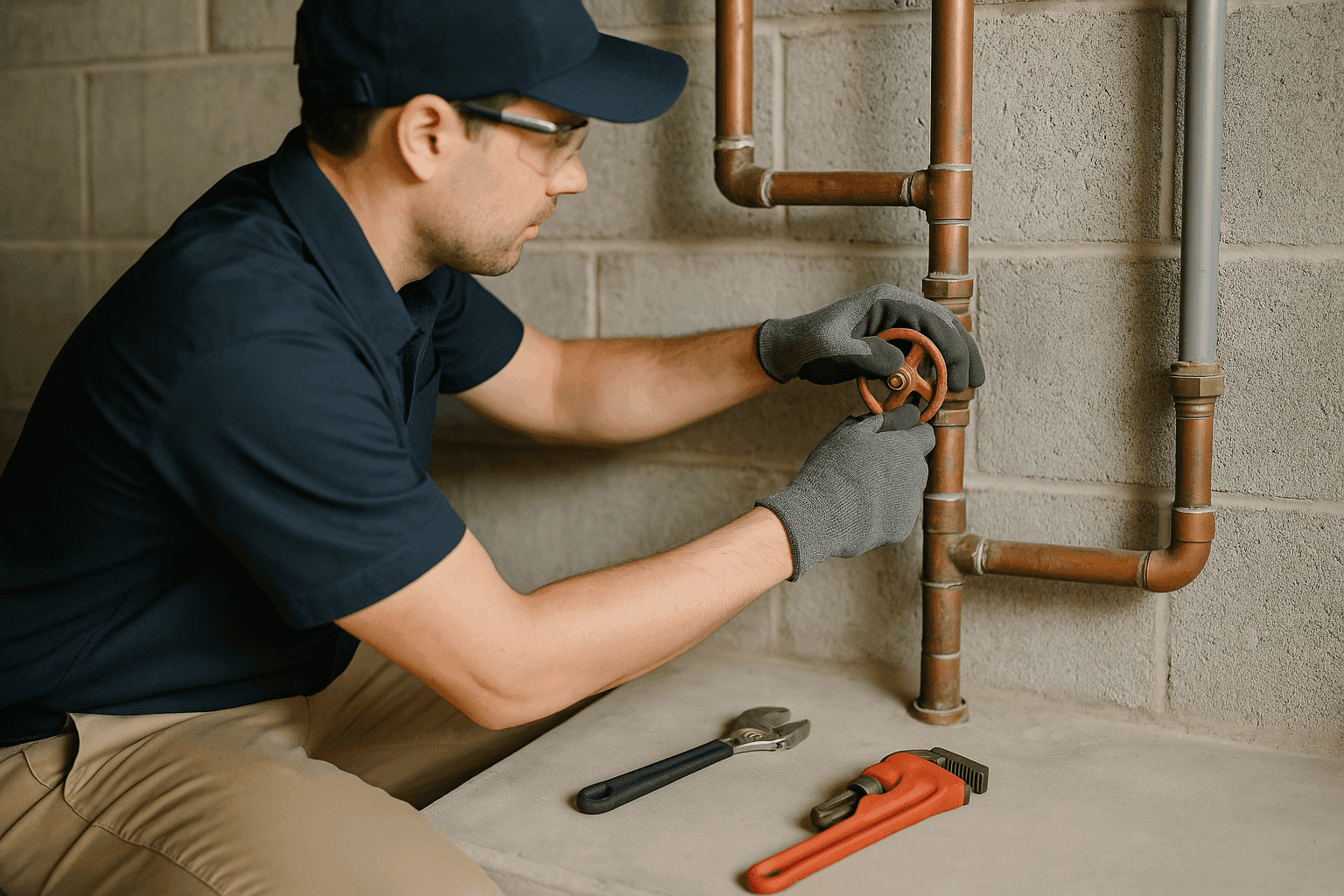 Homeowner turning water shut-off valve during plumbing emergency