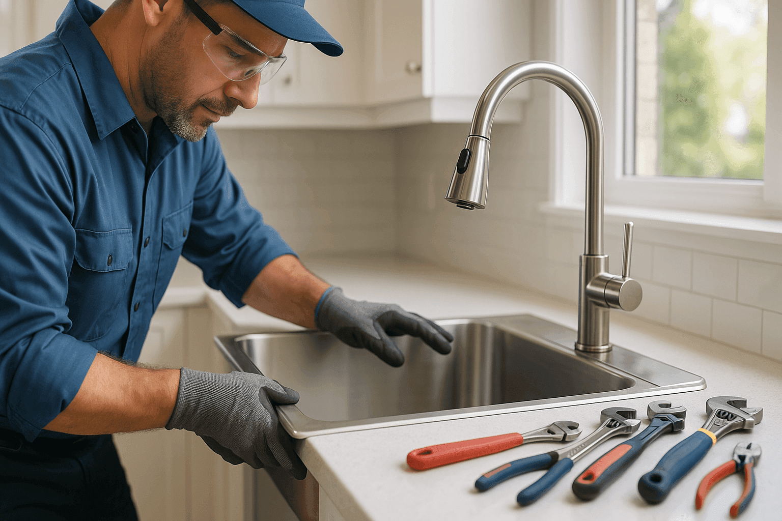 New kitchen sink and faucet with plumber finishing install