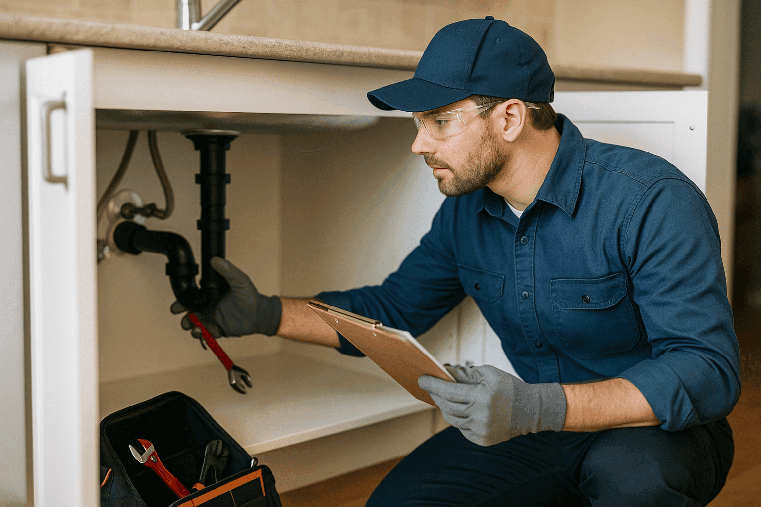 Professional plumber performing home plumbing maintenance under a kitchen sink