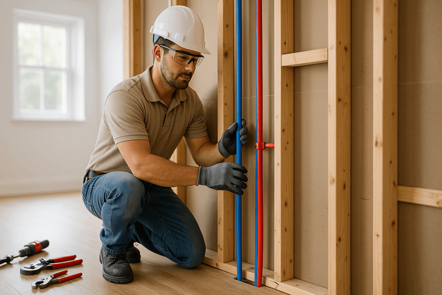 Plumber installing new PEX pipes in wall during remodel