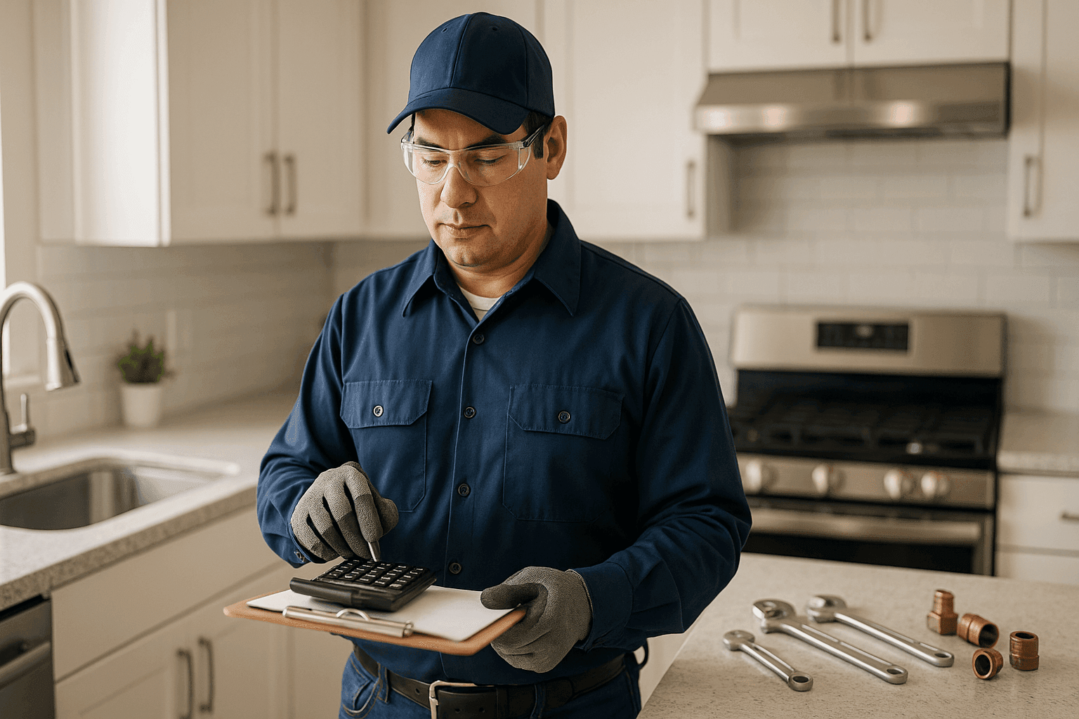 Plumber writing repair estimate on clipboard in home