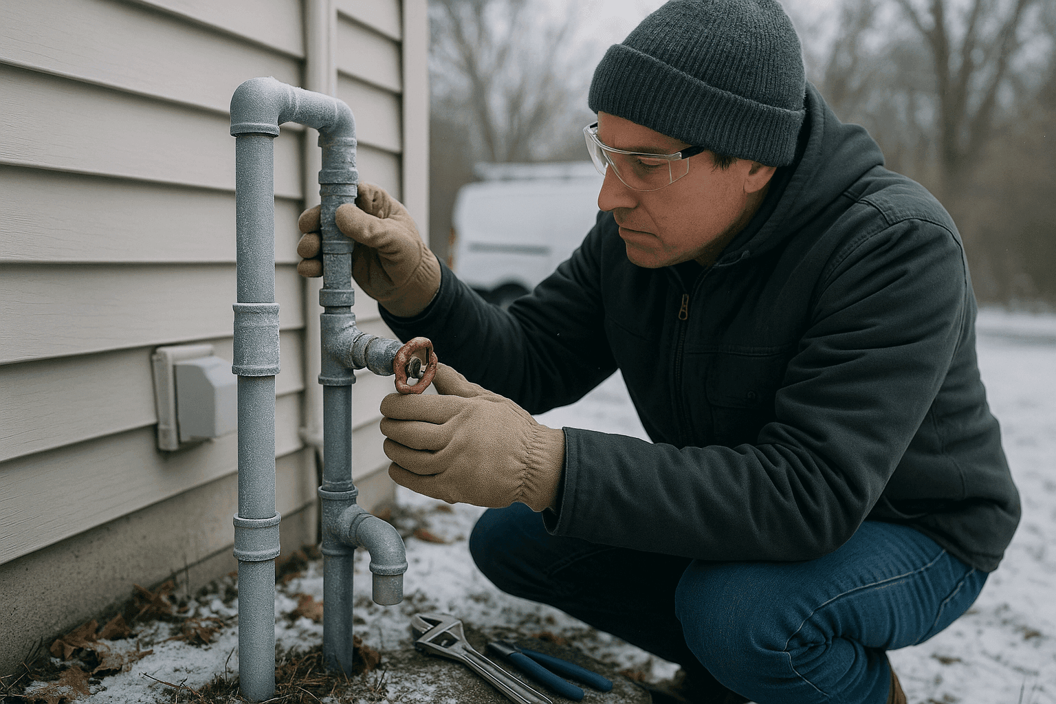 Homeowner inspecting frost-covered outdoor plumbing pipes before winter