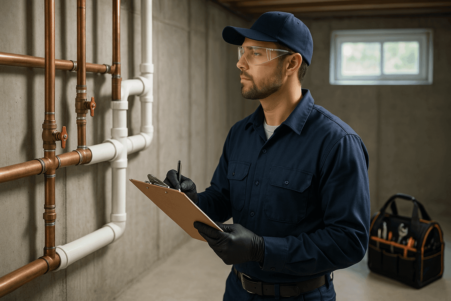 Plumber checking pipes and valves during annual inspection