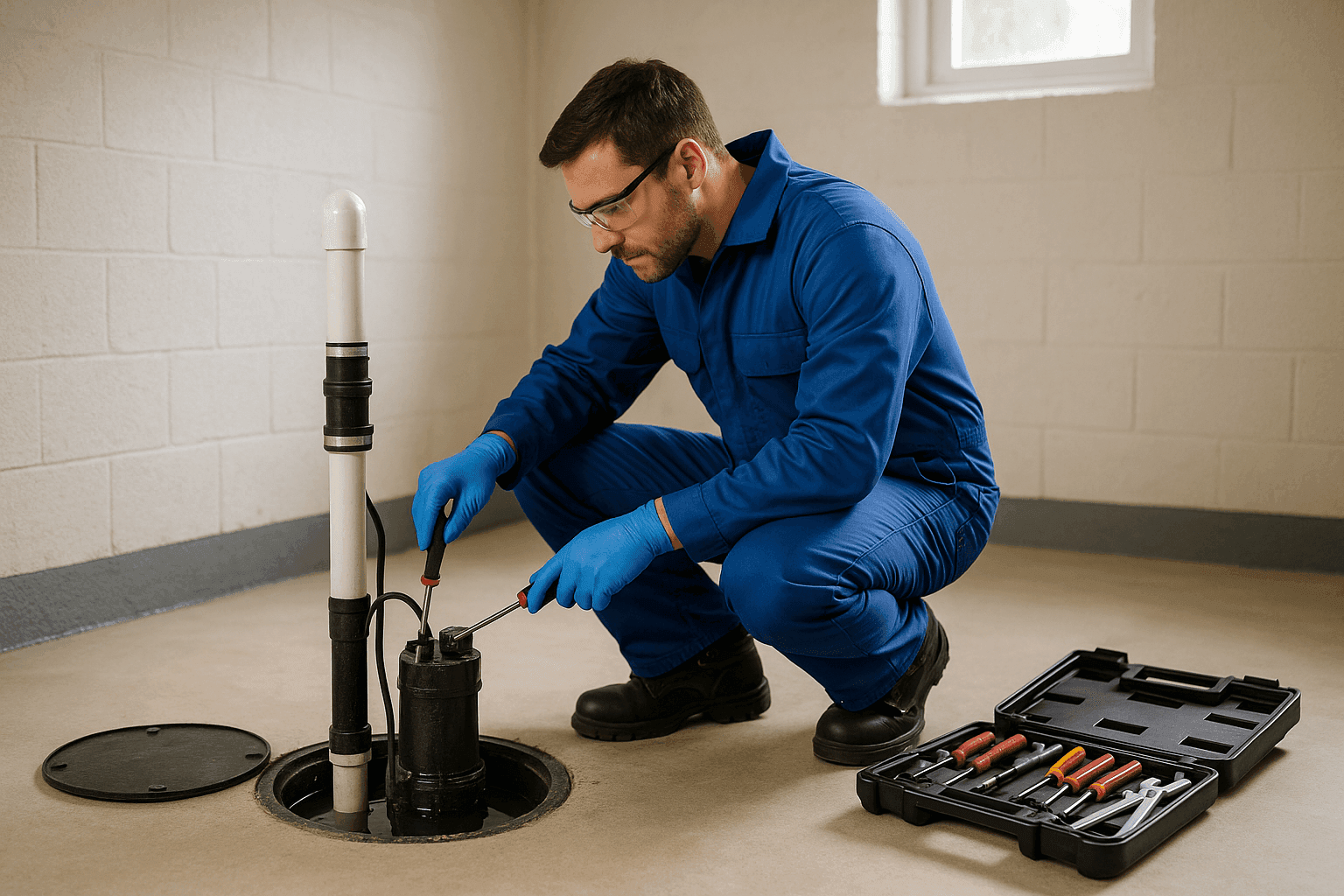 Plumber testing sump pump in waterproofed basement