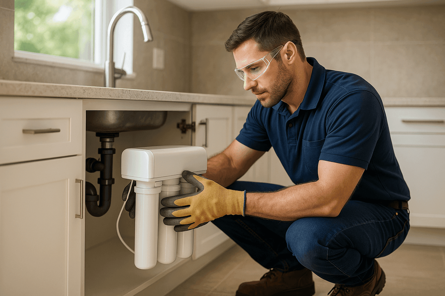 Technician installing under-sink water filtration unit