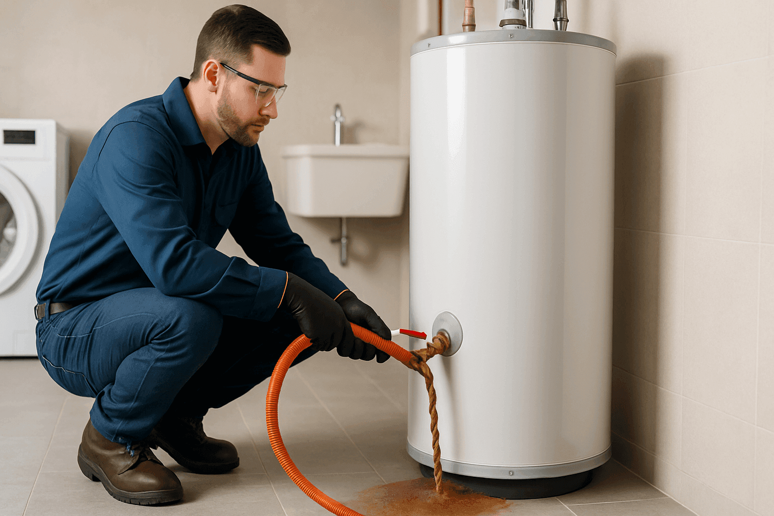 Plumber flushing water heater during maintenance visit