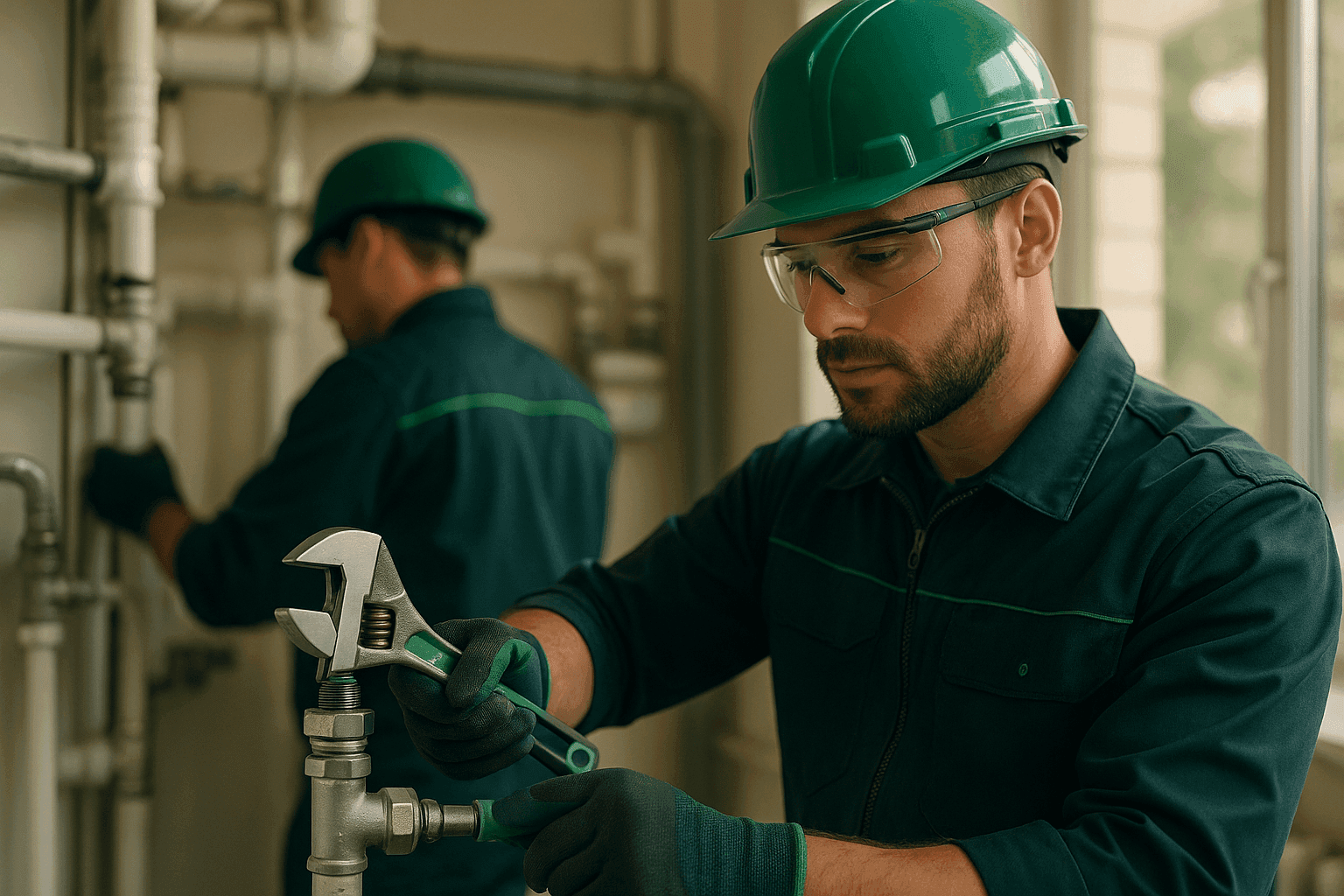 Gloved plumber adjusting pipe fitting with wrench at clean residential or commercial site