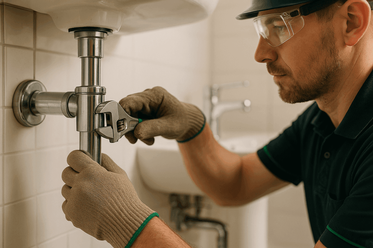 Close-up of plumber's gloved hands tightening pipe fitting in clean residential bathroom